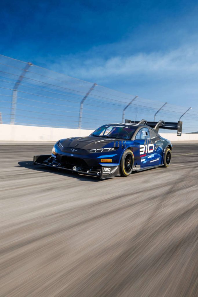 A front external view of the Super Mustang Mach-E on the racetrack